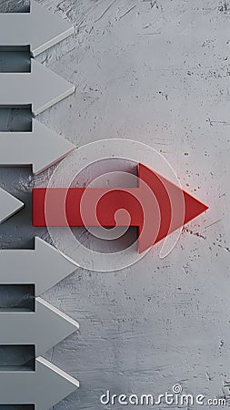 Gray arrows point uniformly, distinct red arrow opposes direction, creating contrast Stock Photo