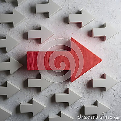 Gray arrows point uniformly, distinct red arrow opposes direction, creating contrast Stock Photo