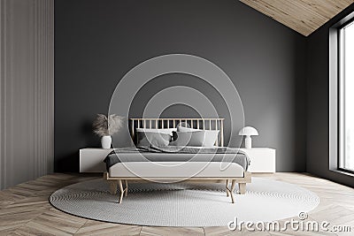 Gray attic master bedroom interior Stock Photo