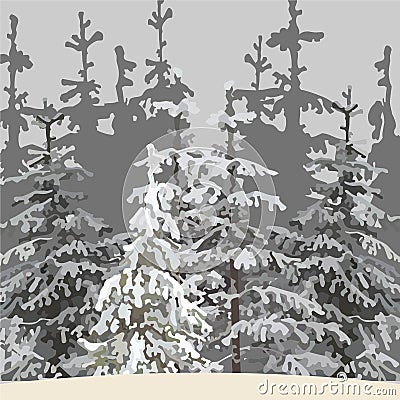 Gray background of the winter forest with snowy trees Vector Illustration