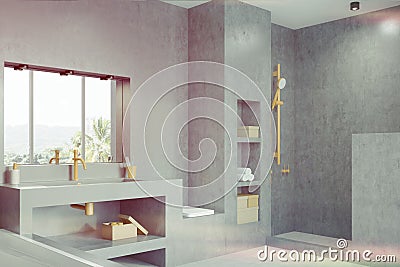 Gray bathroom with a window, side toned Stock Photo