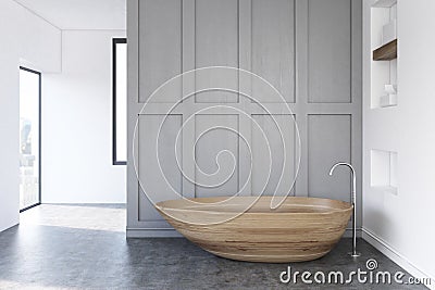 Gray bathroom, wooden tub Stock Photo