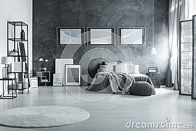 Gray bedroom in loft Stock Photo