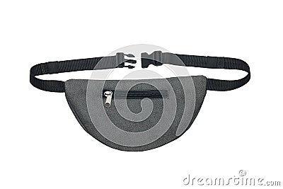 Gray belt bag isolated on white background. Close-up, rear view Stock Photo