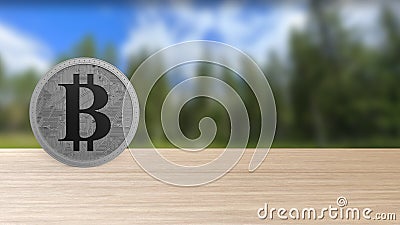 Gray bitcoin silver coin on wood wooden table over forest trees blur. bit-coin 3d render isolated, cryptocurrency, crypto, Stock Photo