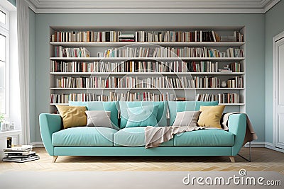 gray book shelf, modern interior design, aqua sofa color, lite brown floor, Generated AI Stock Photo