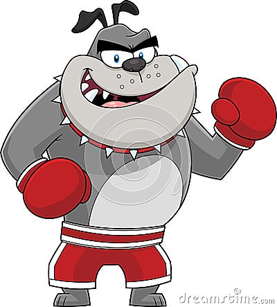 Gray Bulldog Cartoon Character Boxer Ready To Fight Vector Illustration