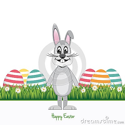 Gray bunny colorful eggs meadow lawn isolated Vector Illustration