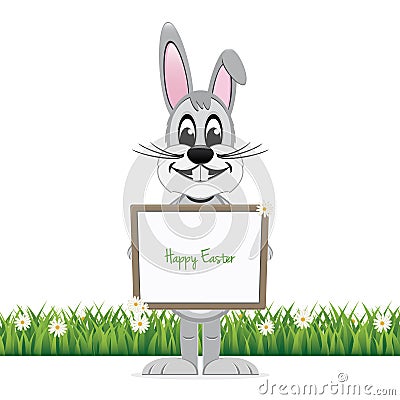 Gray bunny hold happy easter sign board isolated Vector Illustration