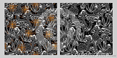 Gray camouflage patterns with fantasy mushrooms Vector Illustration