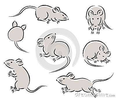 Set of cute and simple hand drawn mice illustration. variety of movements and poses, running, standing, sleeping, and sitting with Vector Illustration