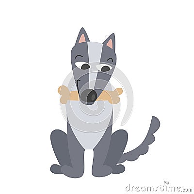 A gray cartoon wolf sits in a bone in a paste Vector Illustration