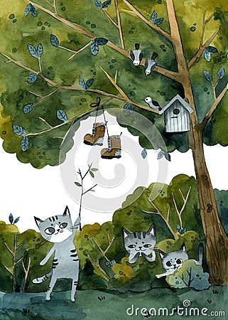 Three gray cats. joked at a friend, hung his shoes on a tree Cartoon Illustration