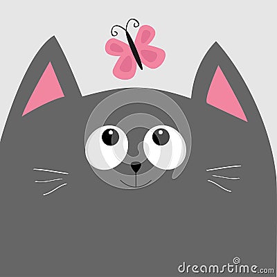 Gray cat head looking at butterfly insect. Cute cartoon character. Vector Illustration