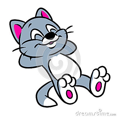 Gray cat smile lies resting animal character cartoon illustration Cartoon Illustration