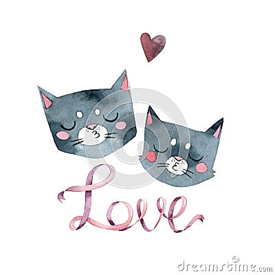 Gray cats kiss, pink word love heart, watercolor Cartoon Illustration