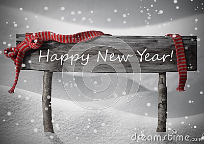 Gray Christmas Sign Happy New Year Snow, Red Ribbon, Snowflakes Stock Photo