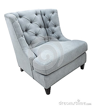 Gray classical vintage modern style armchair with fabric upholstery isolated on white background. Cozy fabric chair side Stock Photo