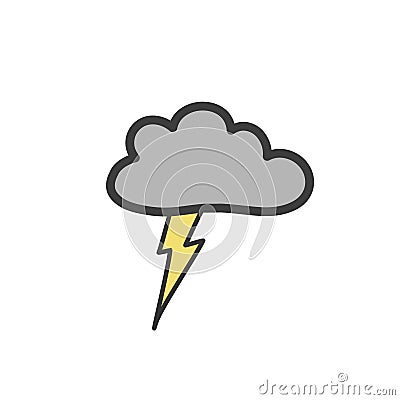 Gray cloud with thunderstorms and lightning. Symbol of the weather. Color illustration of doodle style. Vector Illustration