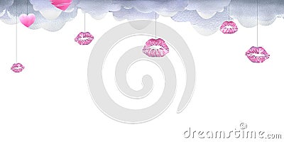 Gray clouds with pink lip prints, lipstick, kisses. Watercolor illustration. Seamless banner pattern from the Cartoon Illustration