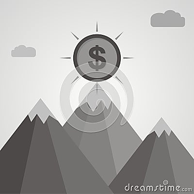 Gray coin on top of mountain. Business success concept. Flat design. Vector Illustration