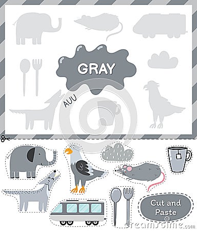 Gray color. Cut the elements and match them with the right shadows. Learning color gray Vector Illustration