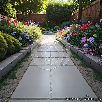 Gray color stepping tiles floor, strip line concrete pavement and green grass carpet lawn in a garden made Stock Photo