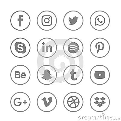 Gray color Web and mobile application icons and social media icons Vector Illustration