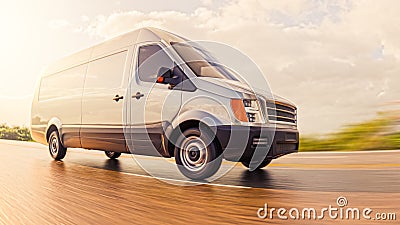 Gray Commercial Van on Countryside Road at Sunny Day Motion Blurred Fisheye lens 3d Illustration Stock Photo