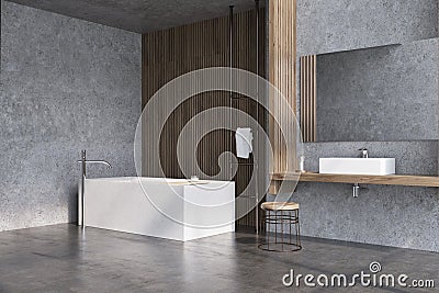 Gray and dark wooden bathroom, tub side Stock Photo