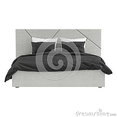 Gray double bed with black and white linen on a white background. Front view. 3d rendering Stock Photo