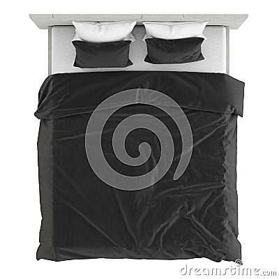 Gray double bed with black and white linen on a white background. Top view. 3d rendering Stock Photo