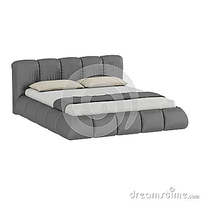 Gray double bed with pillows and bedspread on an isolated background. 3d rendering Stock Photo