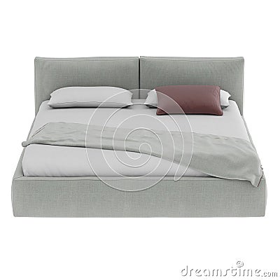 Gray double bed with pillows and bedspread on an isolated background. 3d rendering Stock Photo