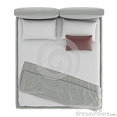 Gray double bed with pillows and bedspread on an isolated background. Top view. 3d rendering Stock Photo