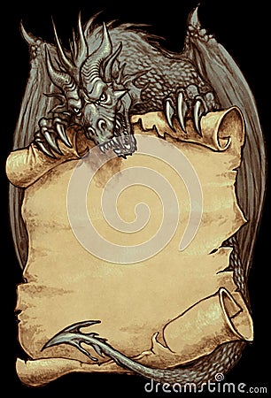 Gray dragon holding an ancient scroll - fantasy illustration Cartoon Illustration