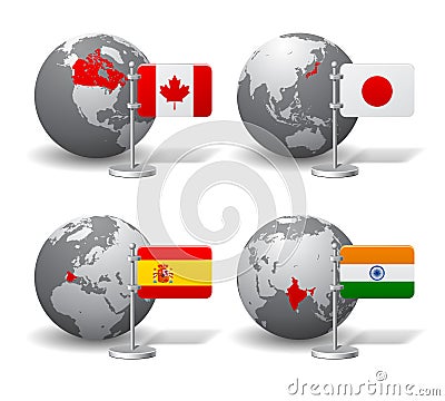 Gray Earth globes with designation of Canada, Japan, Spain and India Vector Illustration