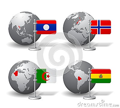 Gray Earth globes with designation of Laos, Norway, Algeria and Vector Illustration