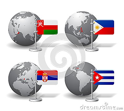 Gray Earth globes with designation of Oman, Philippines, Serbia Vector Illustration