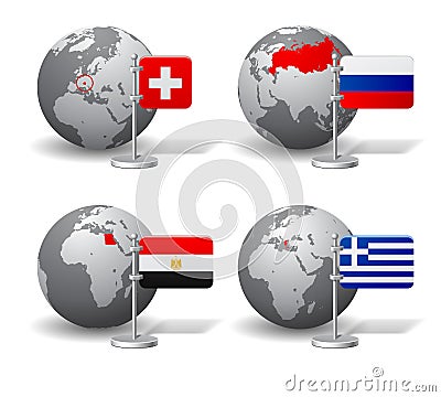 Gray Earth globes with designation of Switzerland, Russia, Egypt Vector Illustration