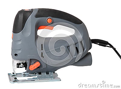 Gray electric fretsaw on a white background, isolated Stock Photo