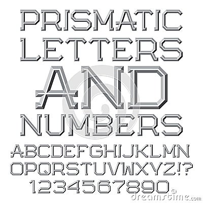Gray faceted letters and numbers. Prismatic retro font. Vector Illustration