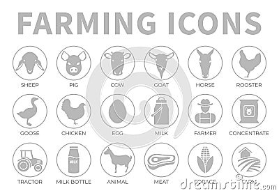 Gray Farming and Farm Animal Icon Set of Sheep, Pig, Cow, Goat, Horse, Rooster, Goose, Chicken, Egg, Milk, Farmer, Concentrate, Stock Photo