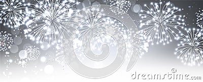 Gray festive banner with fireworks. Vector Illustration