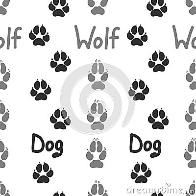 Gray footprint of an animal dog and wolf isolated seamless pattern on white background. Vector Cartoon Illustration