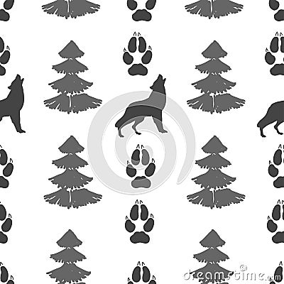 Gray footprint of wolf and forest isolated seamless pattern on white background. Vector Cartoon Illustration