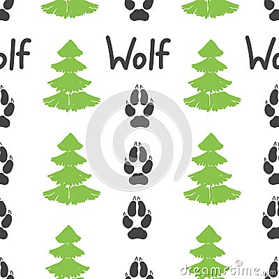 Gray footprint of wolf and forest isolated seamless pattern on white background. Vector Cartoon Illustration