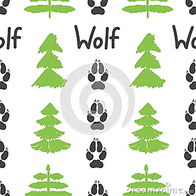 Gray footprint of wolf and forest isolated seamless pattern on white background. Vector Vector Illustration