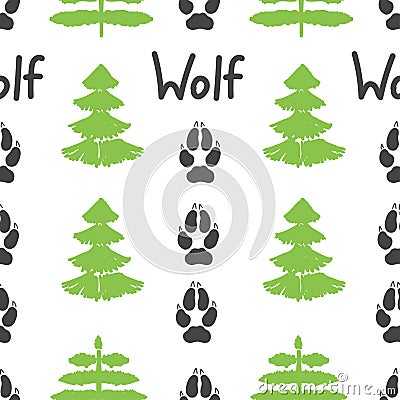 Gray footprint of wolf and forest isolated seamless pattern on white background. Vector Vector Illustration