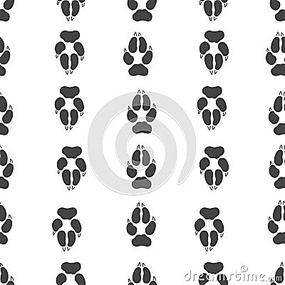 Gray footprint of wolf and silhouette wolf isolated seamless pattern on white background. Vector Cartoon Illustration